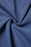 Dark Blue Casual Solid Patchwork Turndown Collar Half Sleeve Regular Denim Dresses