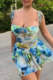 Turquoise Sexy Print Backless Spaghetti Strap Sleeveless Dress Dresses