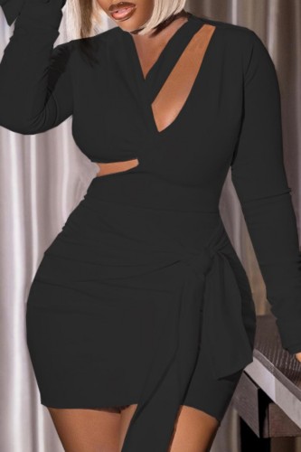 Black Casual Solid Hollowed Out Backless V Neck Long Sleeve Dresses