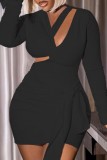 Black Casual Solid Hollowed Out Backless V Neck Long Sleeve Dresses
