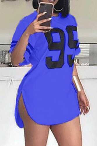 Blue Casual Print Basic O Neck Short Sleeve Dress Plus Size Dresses