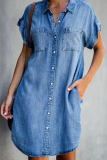 Light Blue Fashion Street Solid Pocket Buckle Shirt Collar A Line Dresses