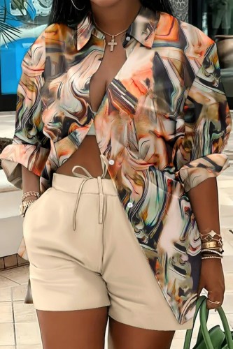 Apricot Casual Print Patchwork Turndown Collar Long Sleeve Two Pieces
