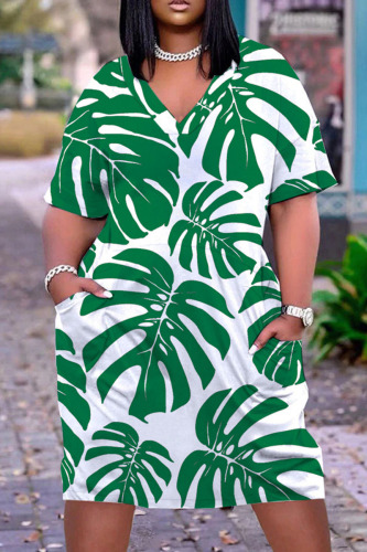 White Green Casual Print Basic V Neck Short Sleeve Dress