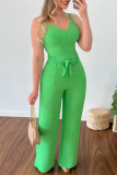 Grass Green Casual Simplicity Solid Fold V Neck Sleeveless Two Pieces