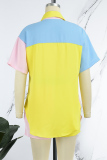 Yellow Casual Patchwork Contrast Shirt Collar Short Sleeve Two Pieces
