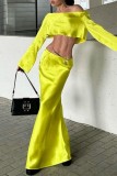 Yellow Casual Solid Basic Oblique Collar Long Sleeve Two Pieces