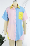 Yellow Casual Patchwork Contrast Shirt Collar Short Sleeve Two Pieces