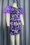 Purple Casual Print Patchwork O Neck Short Sleeve Dress Dresses