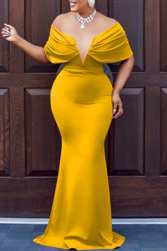 Yellow Sexy Formal Solid Backless V Neck Evening Dress Dresses