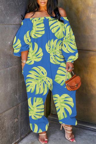 Turquoise Casual Print Patchwork Off the Shoulder Regular Jumpsuits