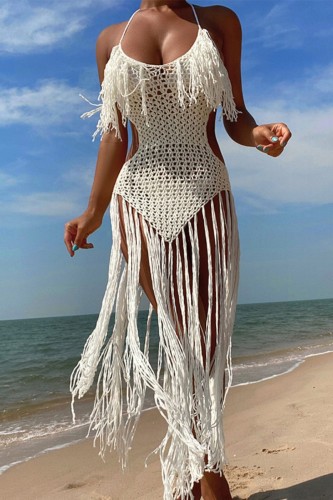 White Sexy Solid Tassel Bandage Backless Swimwears Cover Up