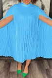 Sky Blue Casual Solid Pleated Half A Turtleneck A Line Dresses