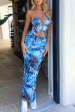 Blue Sexy Print Hollowed Out Backless Strapless Sleeveless Two Pieces