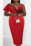 Red Sexy Formal Patchwork Slit Off the Shoulder One Step Skirt Dresses