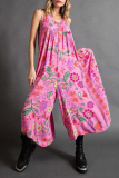 Rose Red Casual Vacation Print U Neck Loose Jumpsuits