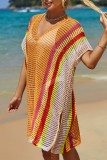 Yellow Sexy Patchwork Hollowed Out See-through Contrast Swimwears Cover Up