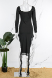 Black Casual Solid Asymmetrical Square Collar Long Sleeve Dresses