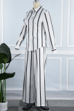 Green Casual Striped Print Basic Turndown Collar Long Sleeve Two Pieces
