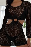 Black Sexy Solid Hollowed Out See-through Swimwears Cover Up