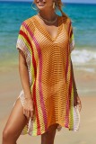 Orange Sexy Patchwork Hollowed Out See-through Contrast Swimwears Cover Up