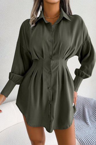 Army Green Sweet Elegant Solid Buckle Buttons Turndown Collar Irregular Dress Dresses