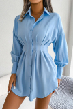 Blue Sweet Elegant Solid Buckle Buttons Turndown Collar Irregular Dress Dresses