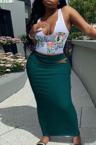 White Sexy Casual Print Basic U Neck Sleeveless Two Pieces