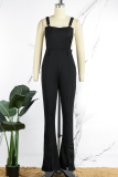 Apricot Casual Solid Backless Slit Spaghetti Strap Regular Jumpsuits