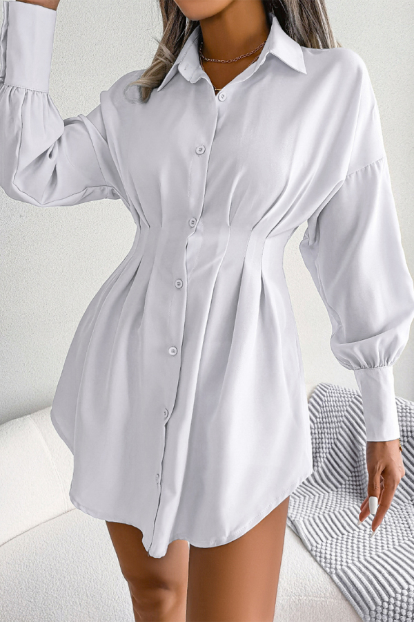 White Sweet Elegant Solid Buckle Buttons Turndown Collar Irregular Dress Dresses