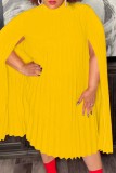 Yellow Casual Solid Pleated Half A Turtleneck A Line Dresses