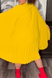 Yellow Casual Solid Pleated Half A Turtleneck A Line Dresses