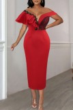 Red Sexy Formal Patchwork Slit Off the Shoulder One Step Skirt Dresses