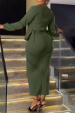 Green Casual Solid Patchwork Slit V Neck Long Sleeve Dresses