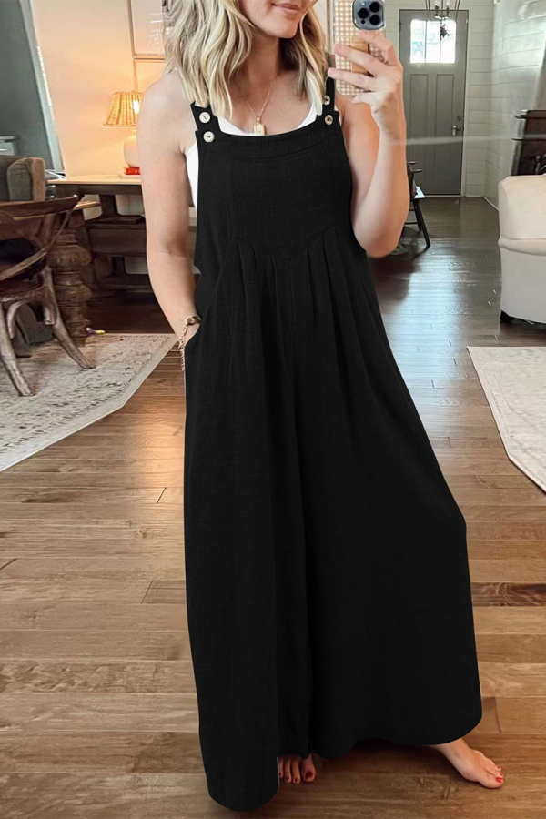 Black Casual Street Solid Pocket Square Collar Loose Jumpsuits
