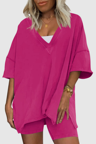 Rose Red Casual Solid Basic V Neck Short Sleeve Two Pieces