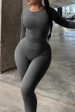 Grey Casual Sportswear Solid Basic O Neck Long Sleeve Two Pieces