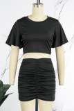 Black Casual Solid Fold O Neck Short Sleeve Two Pieces