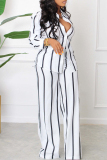 Red Casual Striped Print Basic Turndown Collar Long Sleeve Two Pieces