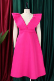Rose Red Sexy Party Formal Solid Patchwork V Neck A Line Dresses
