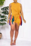Yellow Casual Solid Tassel Patchwork O Neck Sleeveless Two Pieces