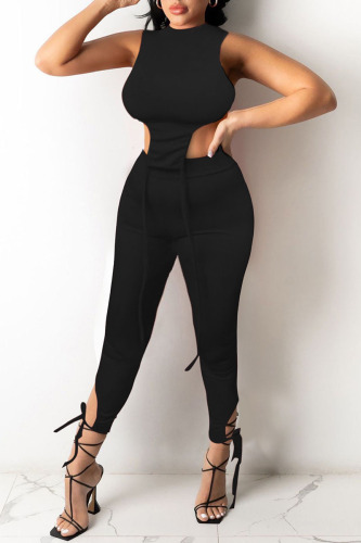 Black Casual Solid Asymmetrical O Neck Sleeveless Two Pieces