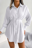 White Sweet Elegant Solid Buckle Buttons Turndown Collar Irregular Dress Dresses