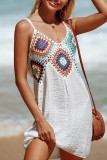 White Crochet Sleeveless Backless Daily Loose Vacation Beach Cami Mini Dress
