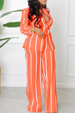 Black Casual Striped Print Basic Turndown Collar Long Sleeve Two Pieces