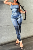 Blue Casual Print Patchwork Backless Spaghetti Strap Skinny Jumpsuits