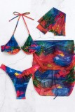 Multicolor Sexy Print Tie Dye Bandage Backless Swimsuit Three Piece Set (With Sleeves)