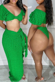 Green Sexy Solid Bandage Off the Shoulder Short Sleeve Three Piece Set