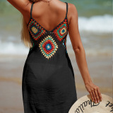 Black Sexy Casual Patchwork Backless Spaghetti Strap Beach Dress Dresses