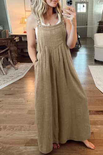 Khaki Casual Street Solid Pocket Square Collar Loose Jumpsuits